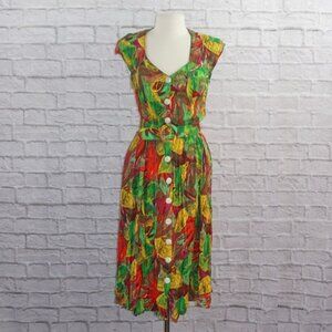 Vintage 80s Leaf Button Down Belted Midi Dress Medium